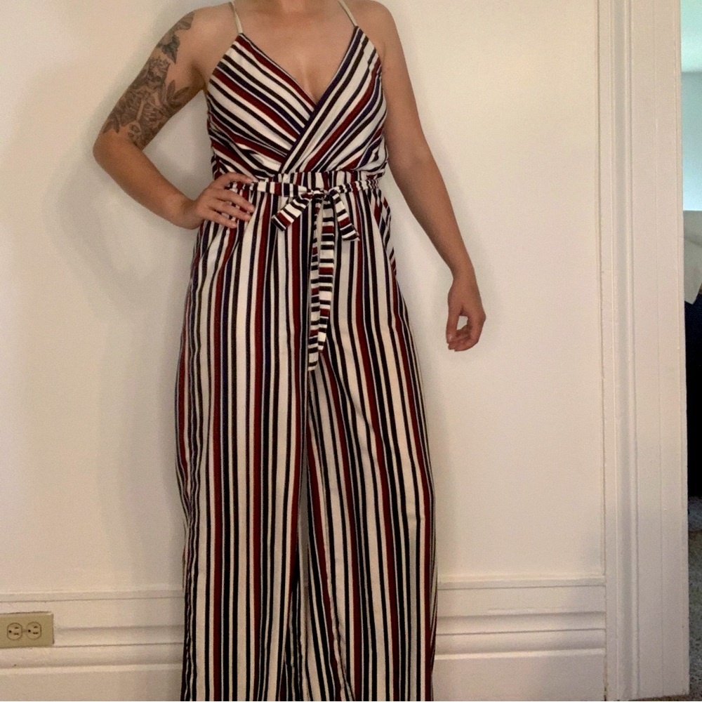 Red, white, and blue striped jumpsuit